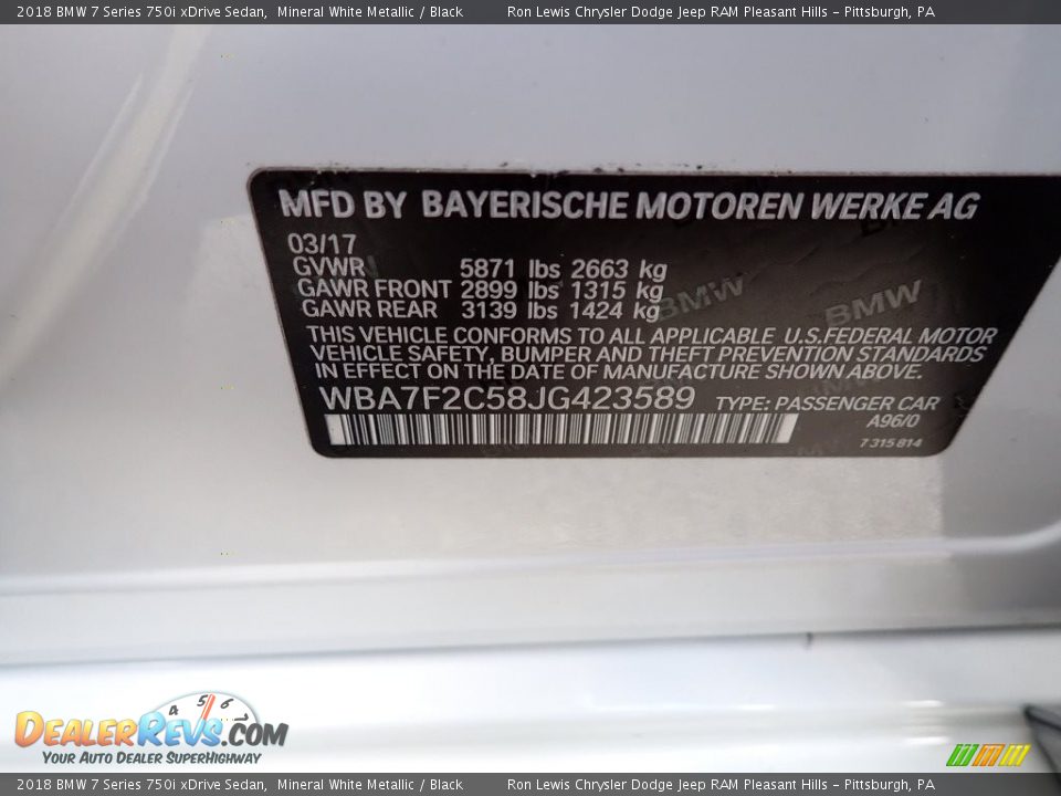 2018 BMW 7 Series 750i xDrive Sedan Mineral White Metallic / Black Photo #15