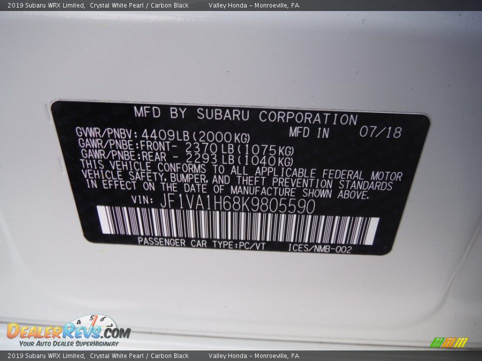 2019 Subaru WRX Limited Crystal White Pearl / Carbon Black Photo #32