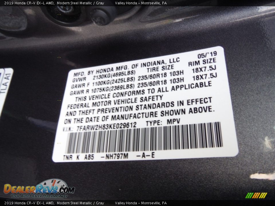 2019 Honda CR-V EX-L AWD Modern Steel Metallic / Gray Photo #32