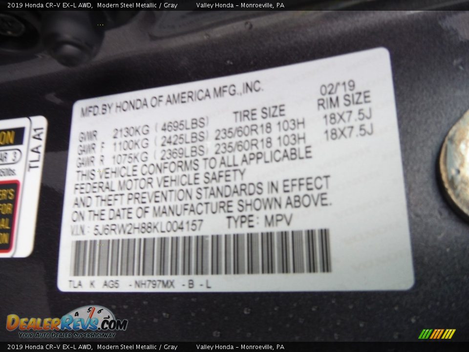 2019 Honda CR-V EX-L AWD Modern Steel Metallic / Gray Photo #34