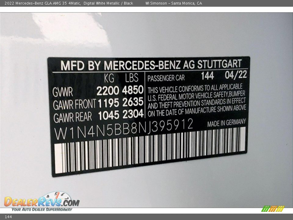 Mercedes-Benz Color Code 144 Digital White Metallic