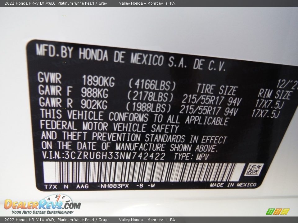 2022 Honda HR-V LX AWD Platinum White Pearl / Gray Photo #31