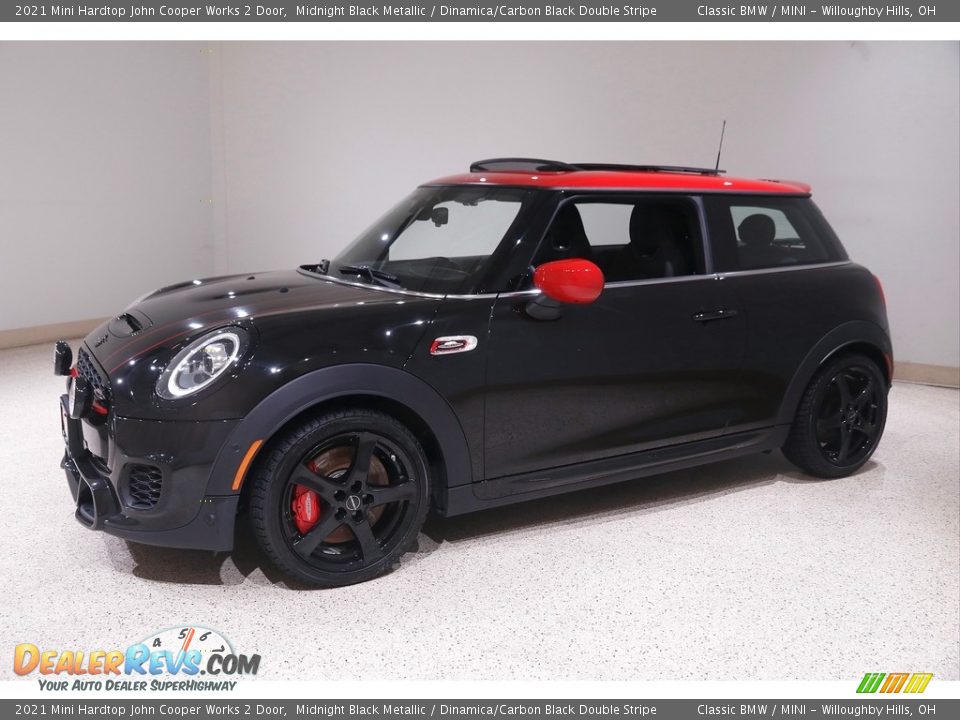 2021 Mini Hardtop John Cooper Works 2 Door Midnight Black Metallic / Dinamica/Carbon Black Double Stripe Photo #3