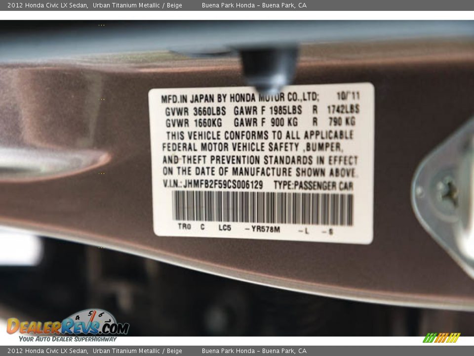 2012 Honda Civic LX Sedan Urban Titanium Metallic / Beige Photo #36