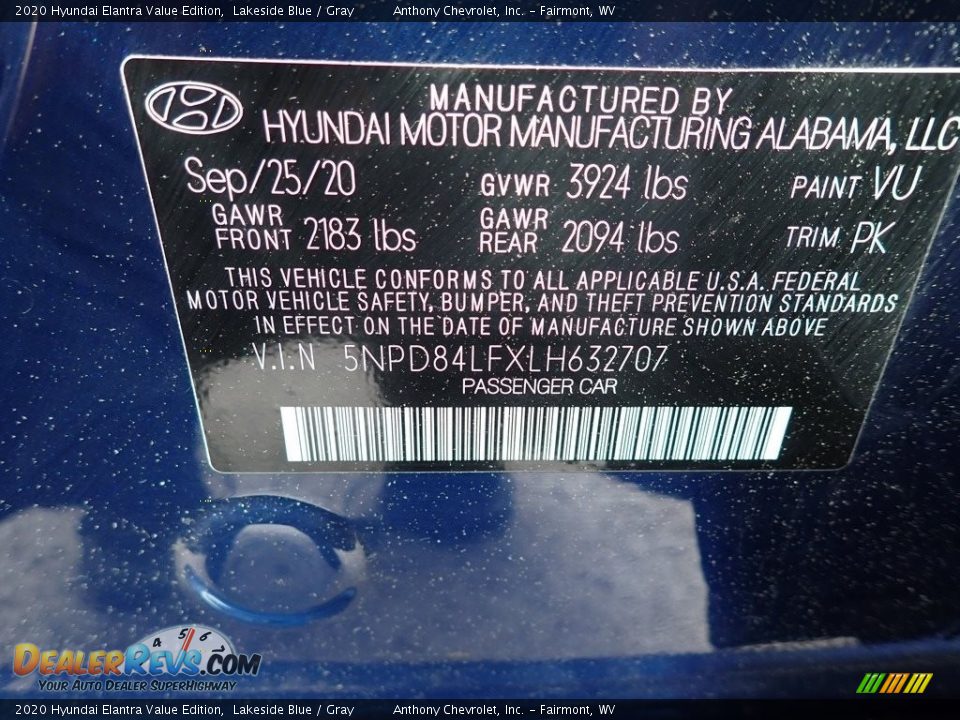 2020 Hyundai Elantra Value Edition Lakeside Blue / Gray Photo #15