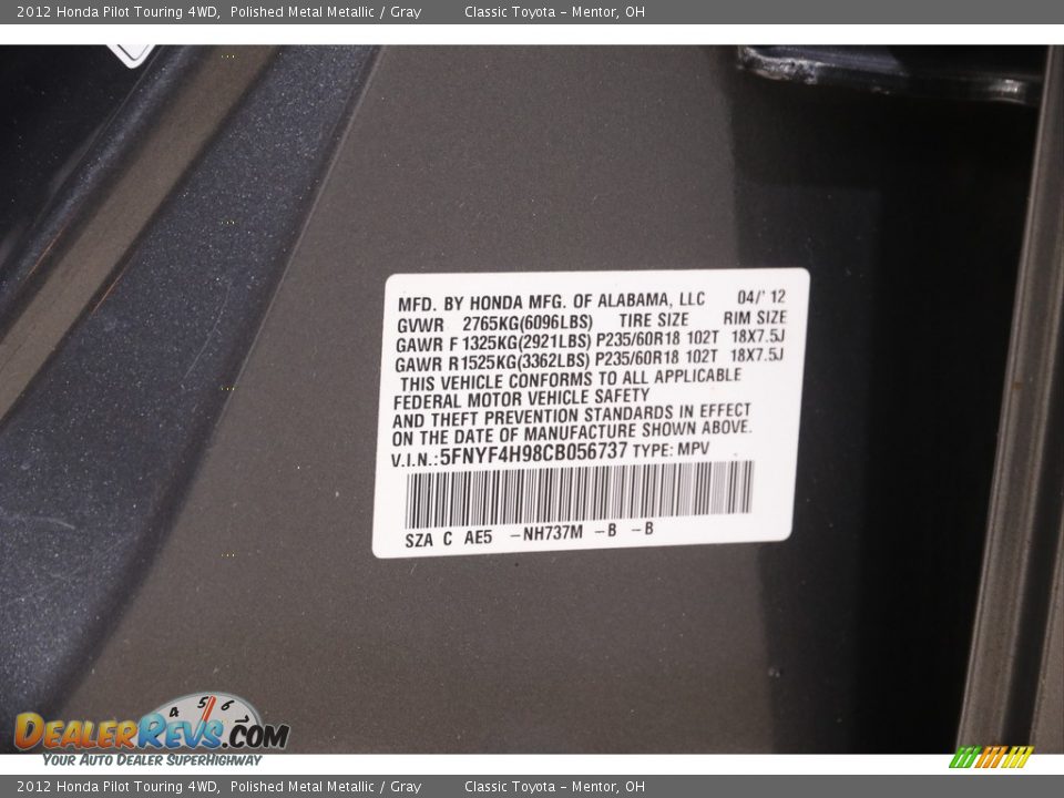 2012 Honda Pilot Touring 4WD Polished Metal Metallic / Gray Photo #27