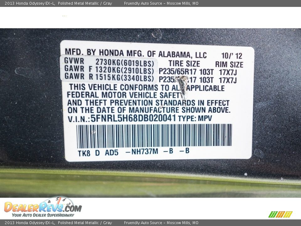 2013 Honda Odyssey EX-L Polished Metal Metallic / Gray Photo #32