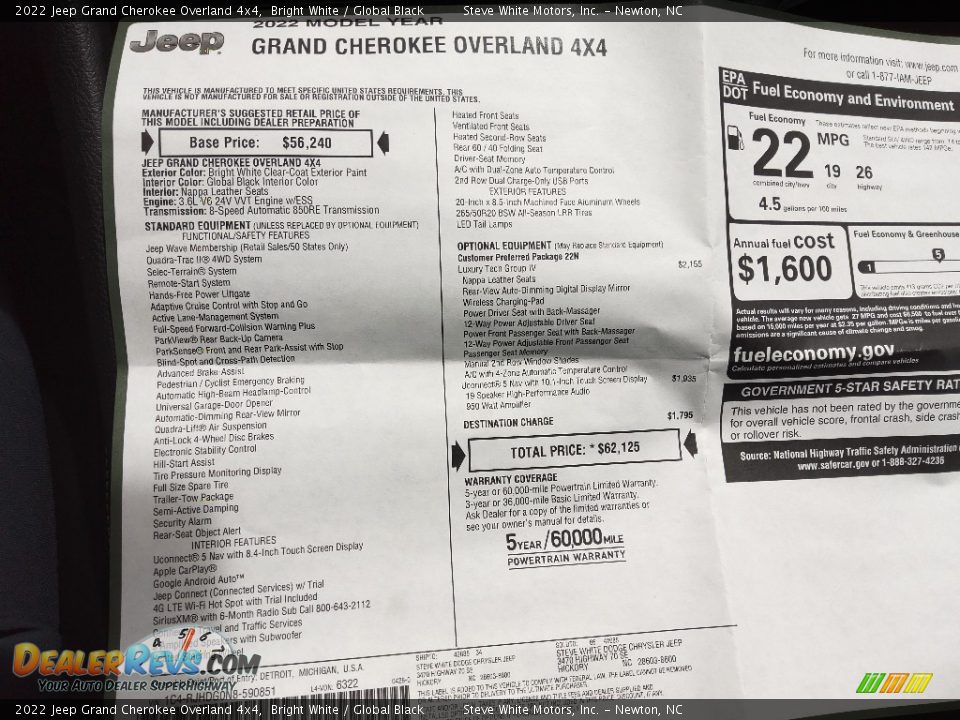 2022 Jeep Grand Cherokee Overland 4x4 Window Sticker Photo #34