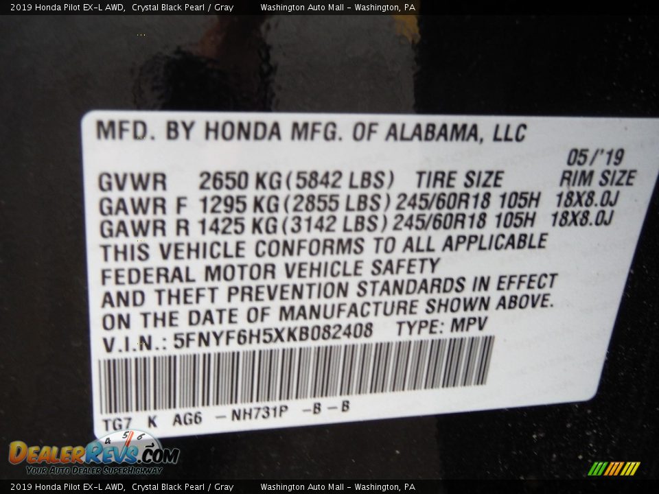 2019 Honda Pilot EX-L AWD Crystal Black Pearl / Gray Photo #35
