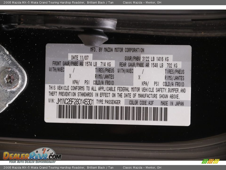 2008 Mazda MX-5 Miata Grand Touring Hardtop Roadster Brilliant Black / Tan Photo #19