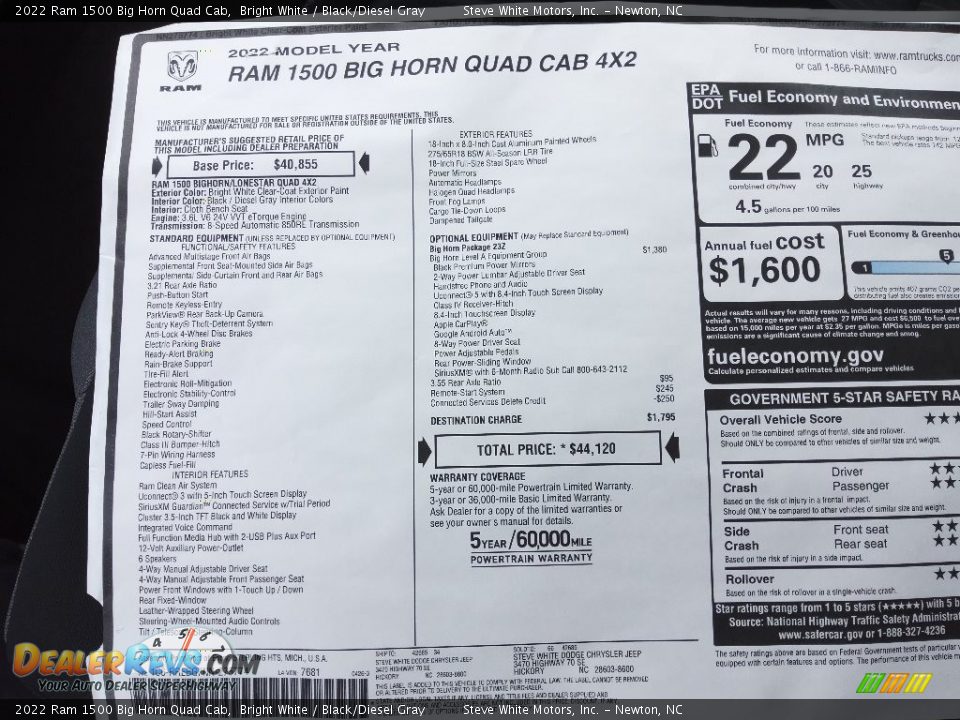 2022 Ram 1500 Big Horn Quad Cab Window Sticker Photo #27