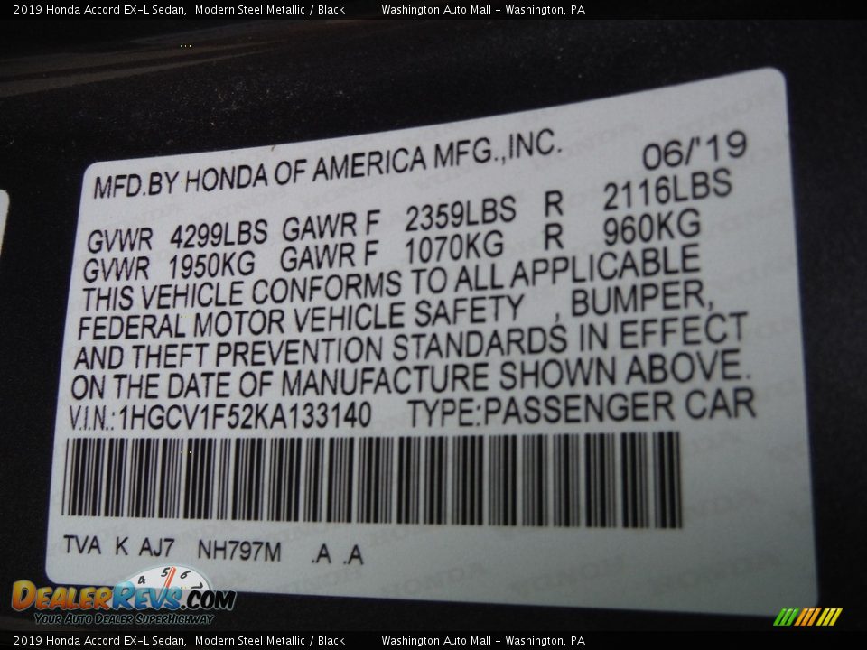 2019 Honda Accord EX-L Sedan Modern Steel Metallic / Black Photo #34