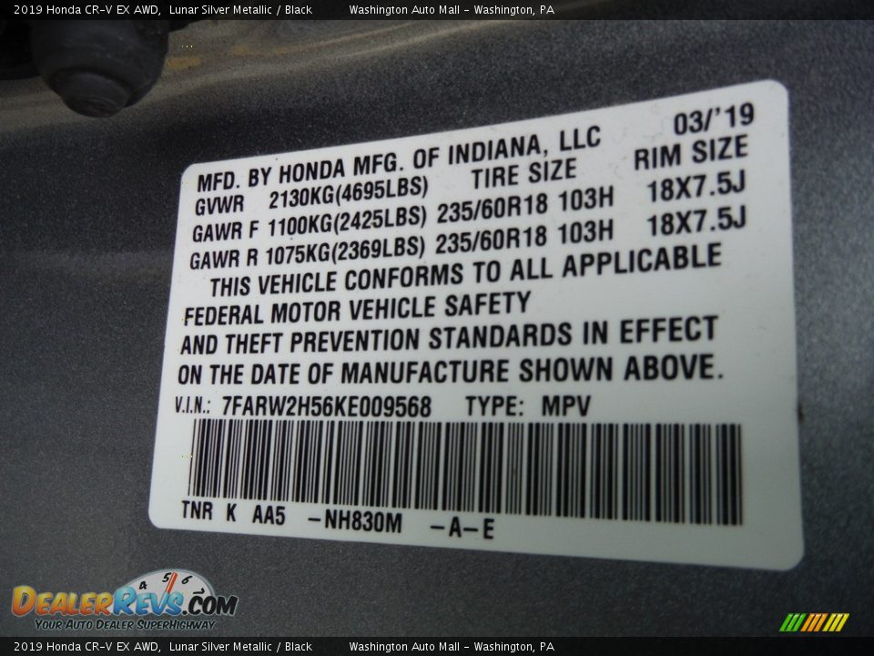 2019 Honda CR-V EX AWD Lunar Silver Metallic / Black Photo #31