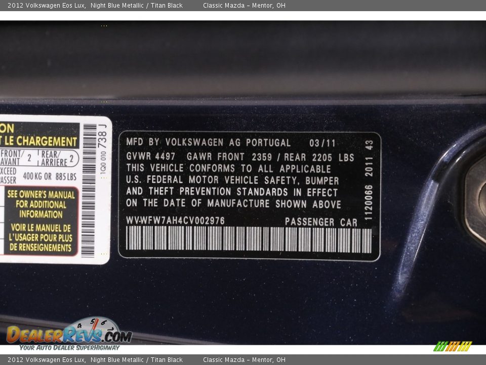 2012 Volkswagen Eos Lux Night Blue Metallic / Titan Black Photo #20