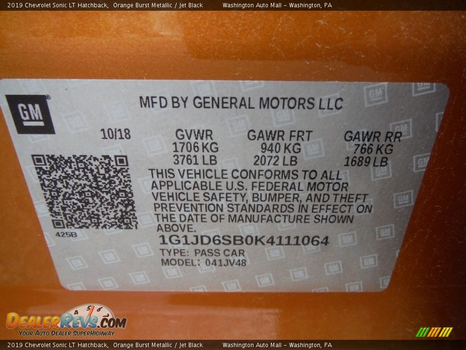 2019 Chevrolet Sonic LT Hatchback Orange Burst Metallic / Jet Black Photo #29