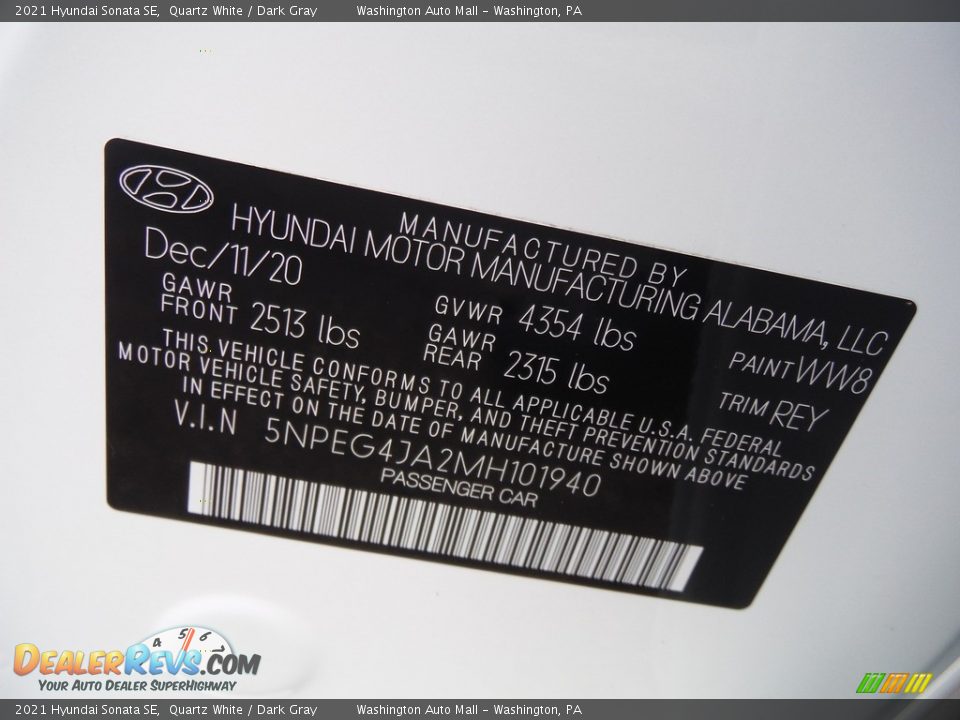 2021 Hyundai Sonata SE Quartz White / Dark Gray Photo #29