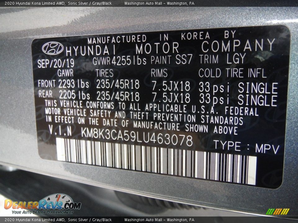 2020 Hyundai Kona Limited AWD Sonic Silver / Gray/Black Photo #32