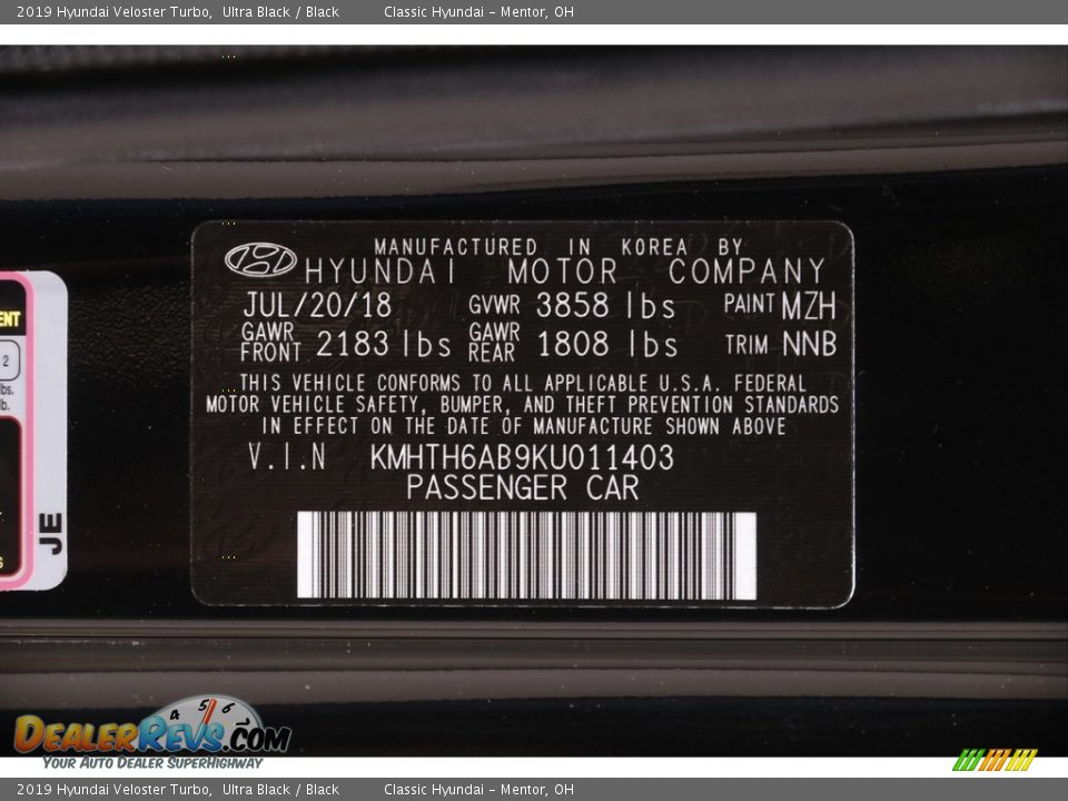 2019 Hyundai Veloster Turbo Ultra Black / Black Photo #20