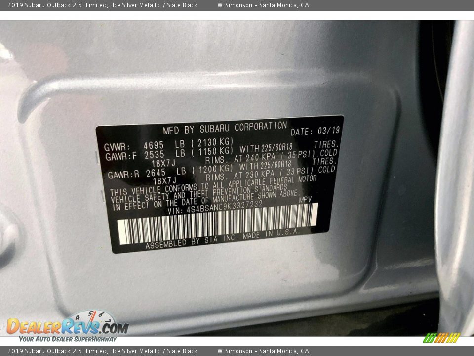 2019 Subaru Outback 2.5i Limited Ice Silver Metallic / Slate Black Photo #33