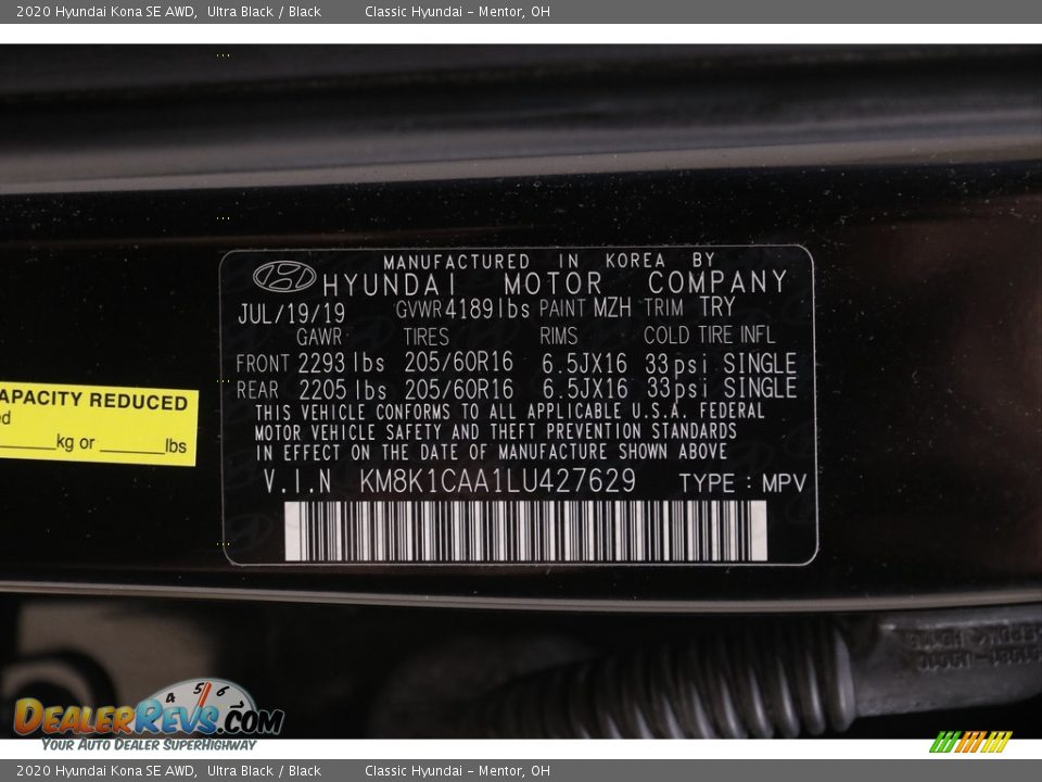 2020 Hyundai Kona SE AWD Ultra Black / Black Photo #19