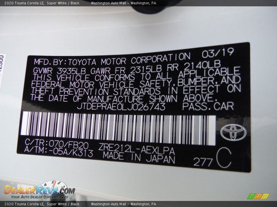2020 Toyota Corolla LE Super White / Black Photo #31
