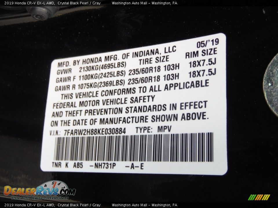 2019 Honda CR-V EX-L AWD Crystal Black Pearl / Gray Photo #33