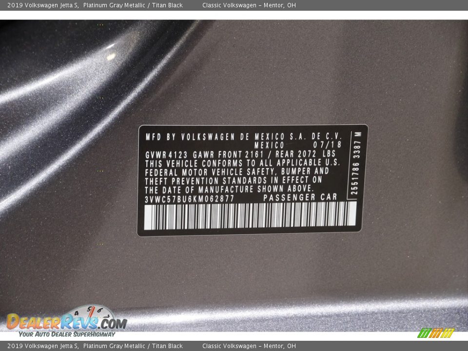 2019 Volkswagen Jetta S Platinum Gray Metallic / Titan Black Photo #19