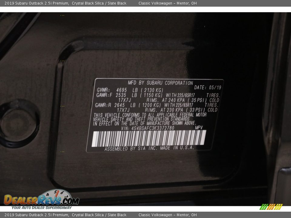 2019 Subaru Outback 2.5i Premium Crystal Black Silica / Slate Black Photo #21