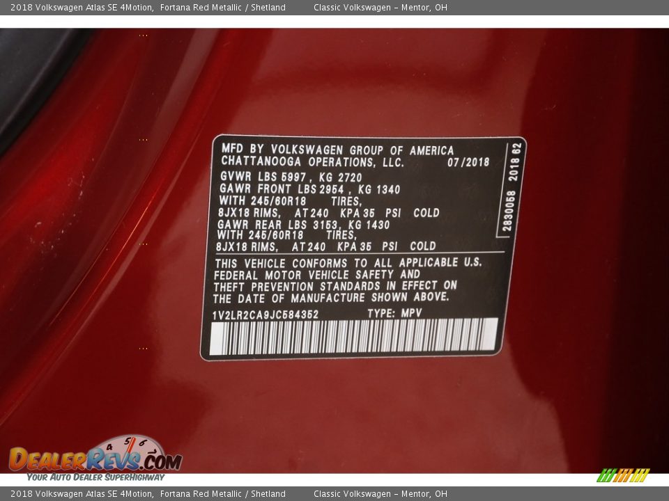 2018 Volkswagen Atlas SE 4Motion Fortana Red Metallic / Shetland Photo #20