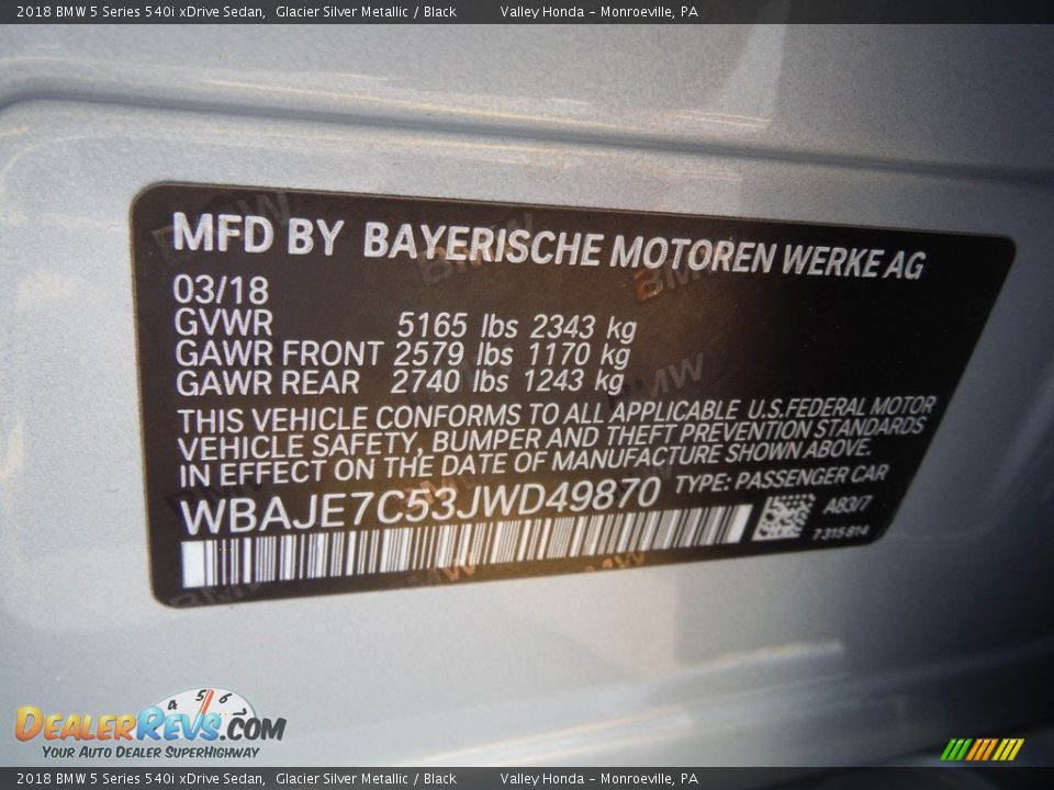 2018 BMW 5 Series 540i xDrive Sedan Glacier Silver Metallic / Black Photo #32
