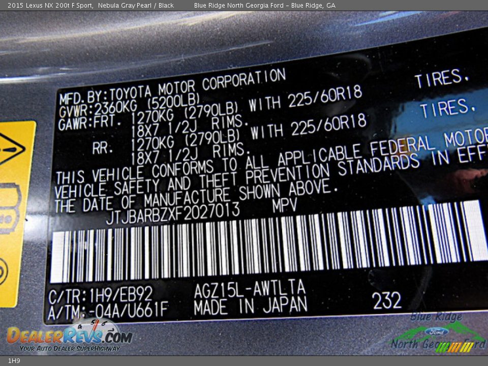 Lexus Color Code 1H9 Nebula Gray Pearl
