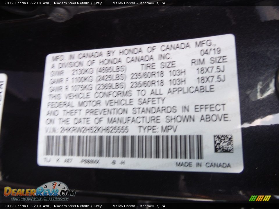 2019 Honda CR-V EX AWD Modern Steel Metallic / Gray Photo #33