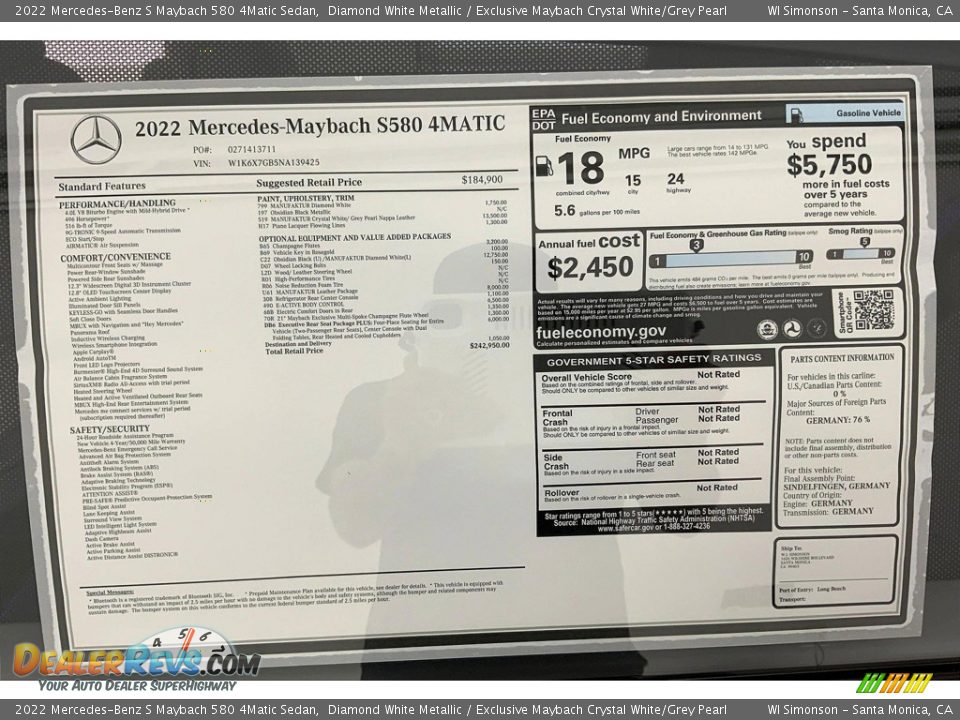 2022 Mercedes-Benz S Maybach 580 4Matic Sedan Window Sticker Photo #13