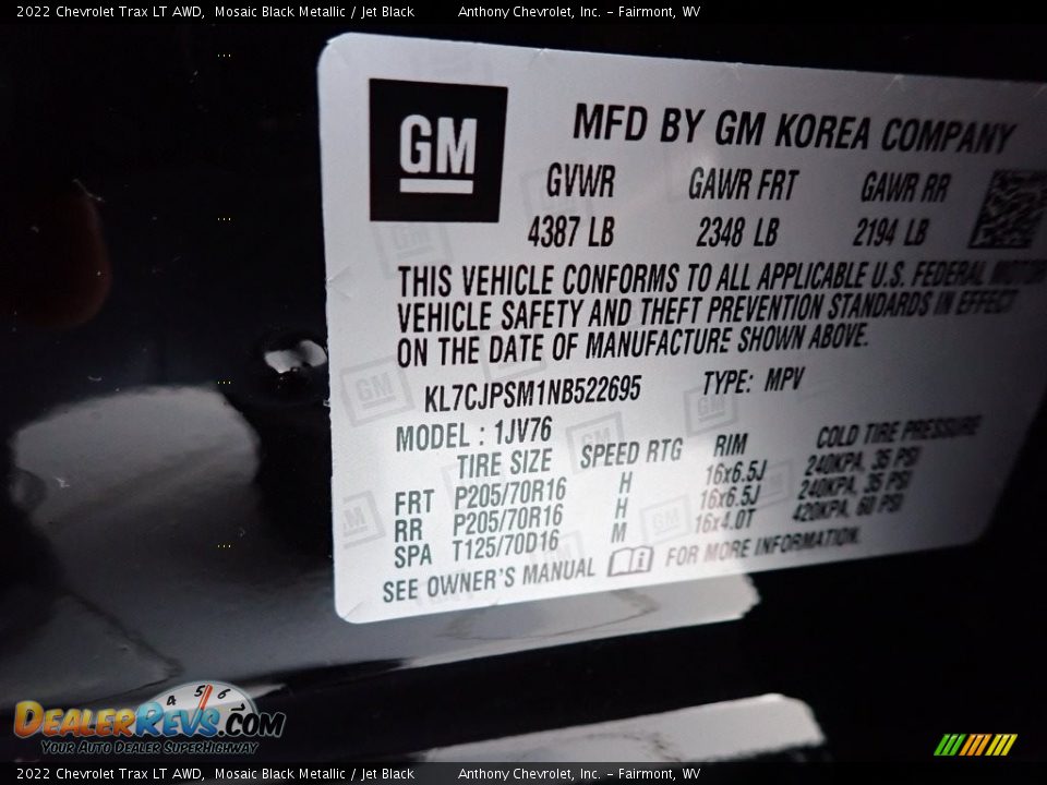 2022 Chevrolet Trax LT AWD Mosaic Black Metallic / Jet Black Photo #15