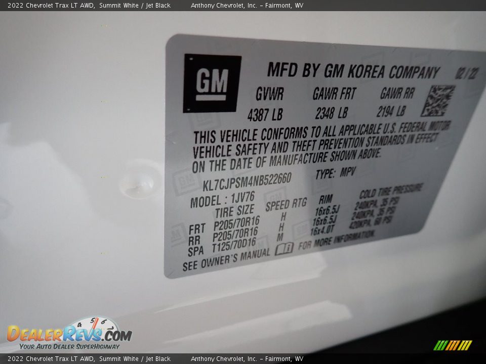 2022 Chevrolet Trax LT AWD Summit White / Jet Black Photo #15
