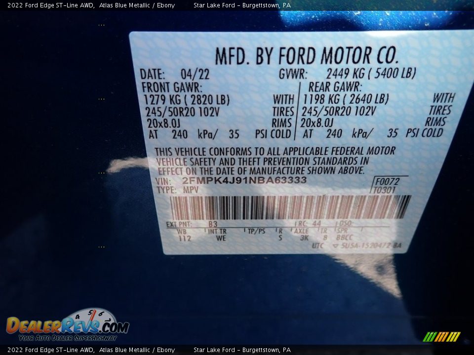 2022 Ford Edge ST-Line AWD Atlas Blue Metallic / Ebony Photo #14