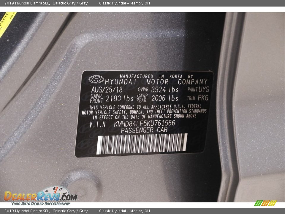 2019 Hyundai Elantra SEL Galactic Gray / Gray Photo #19