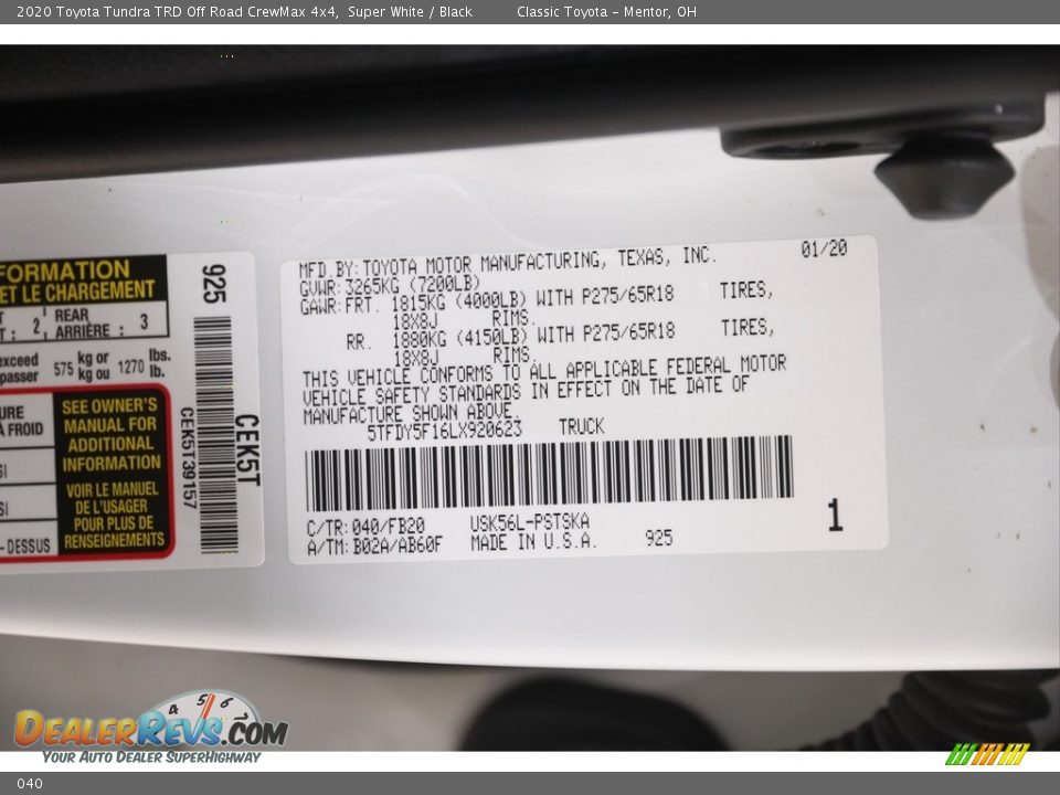 Toyota Color Code 040 Super White