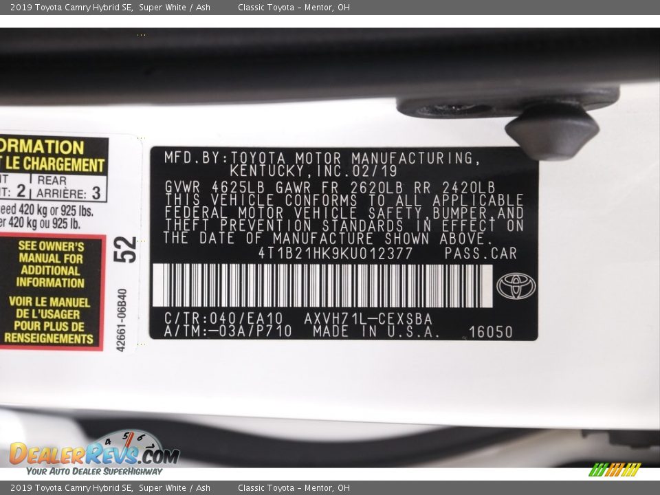 2019 Toyota Camry Hybrid SE Super White / Ash Photo #20