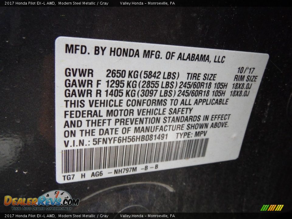 2017 Honda Pilot EX-L AWD Modern Steel Metallic / Gray Photo #24