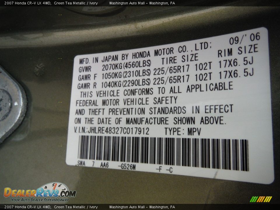 2007 Honda CR-V LX 4WD Green Tea Metallic / Ivory Photo #24