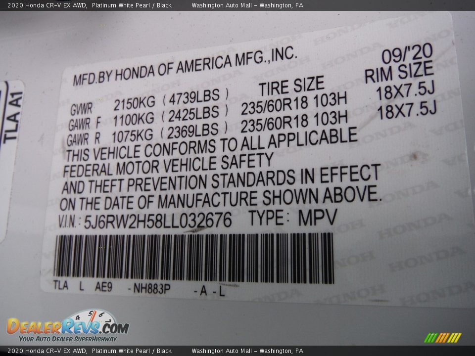 2020 Honda CR-V EX AWD Platinum White Pearl / Black Photo #32