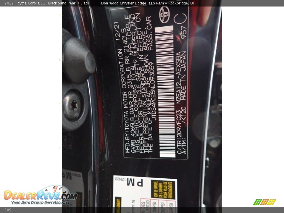 Toyota Color Code 209 Black Sand Pearl