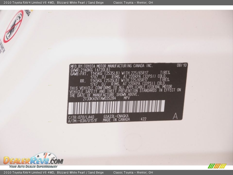 2010 Toyota RAV4 Limited V6 4WD Blizzard White Pearl / Sand Beige Photo #18