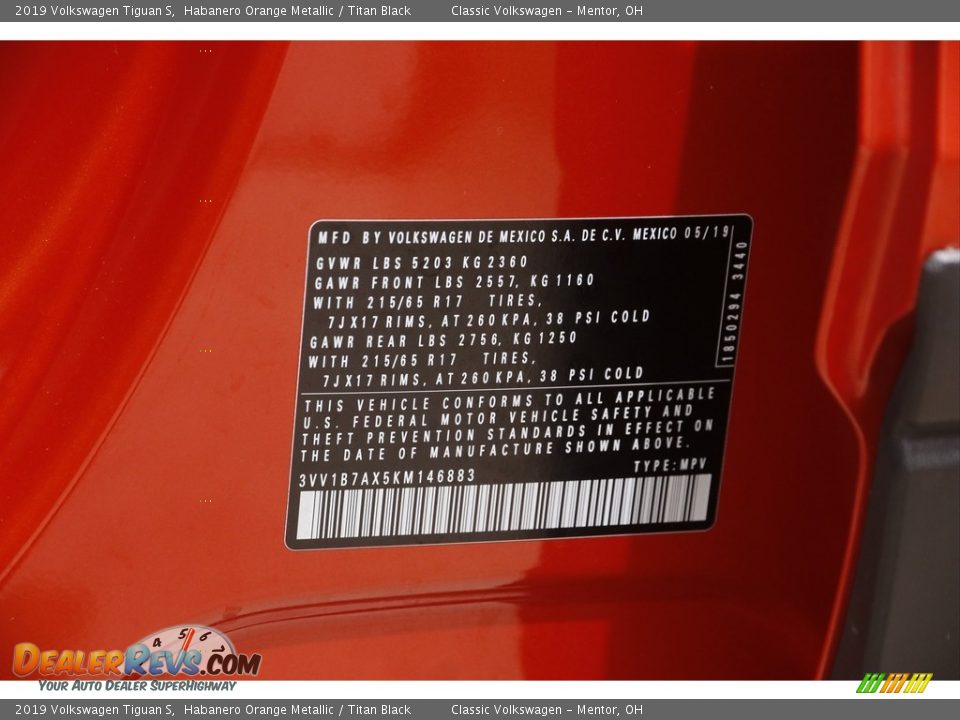 2019 Volkswagen Tiguan S Habanero Orange Metallic / Titan Black Photo #19