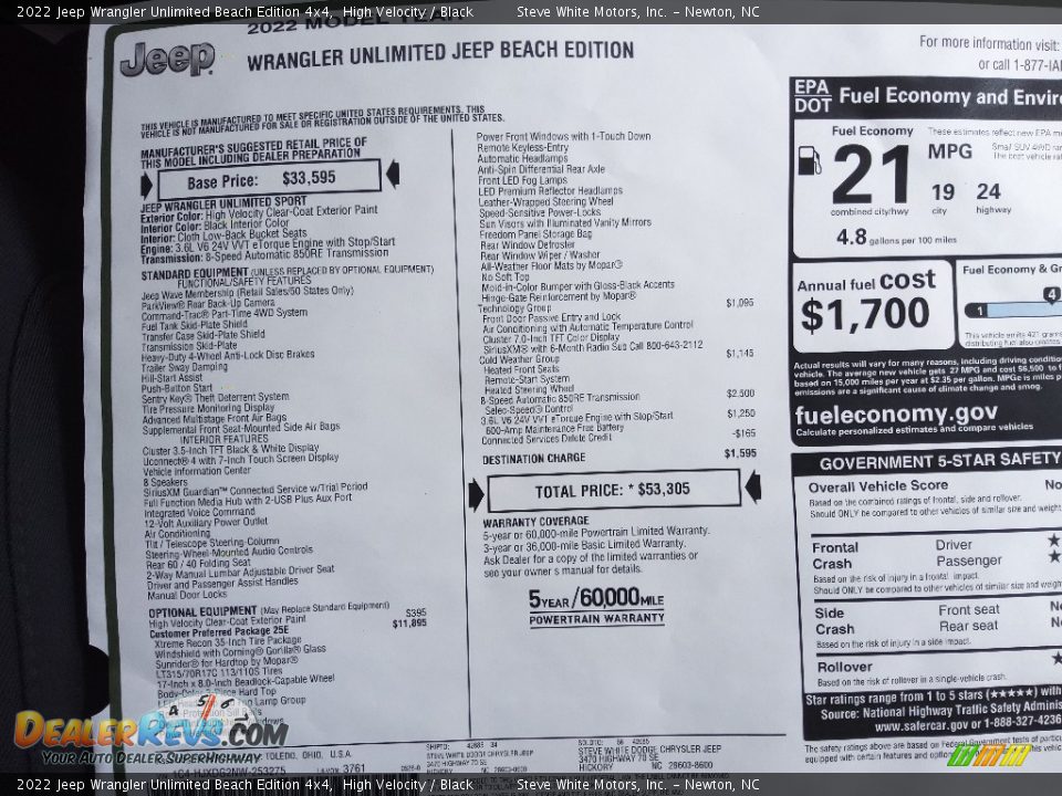 2022 Jeep Wrangler Unlimited Beach Edition 4x4 Window Sticker Photo #25