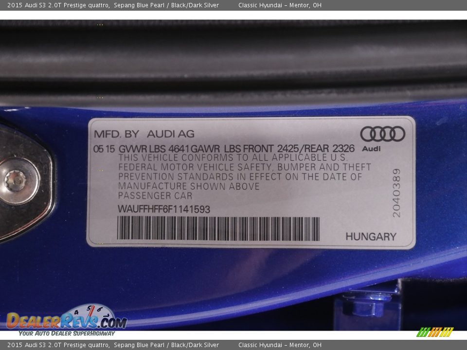 2015 Audi S3 2.0T Prestige quattro Sepang Blue Pearl / Black/Dark Silver Photo #22