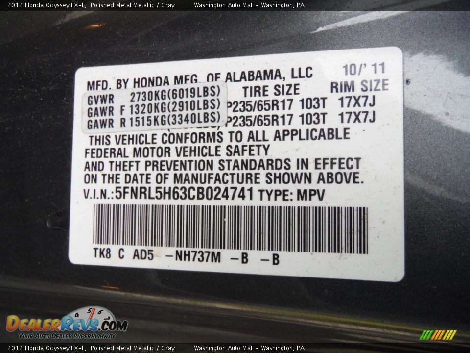 2012 Honda Odyssey EX-L Polished Metal Metallic / Gray Photo #34