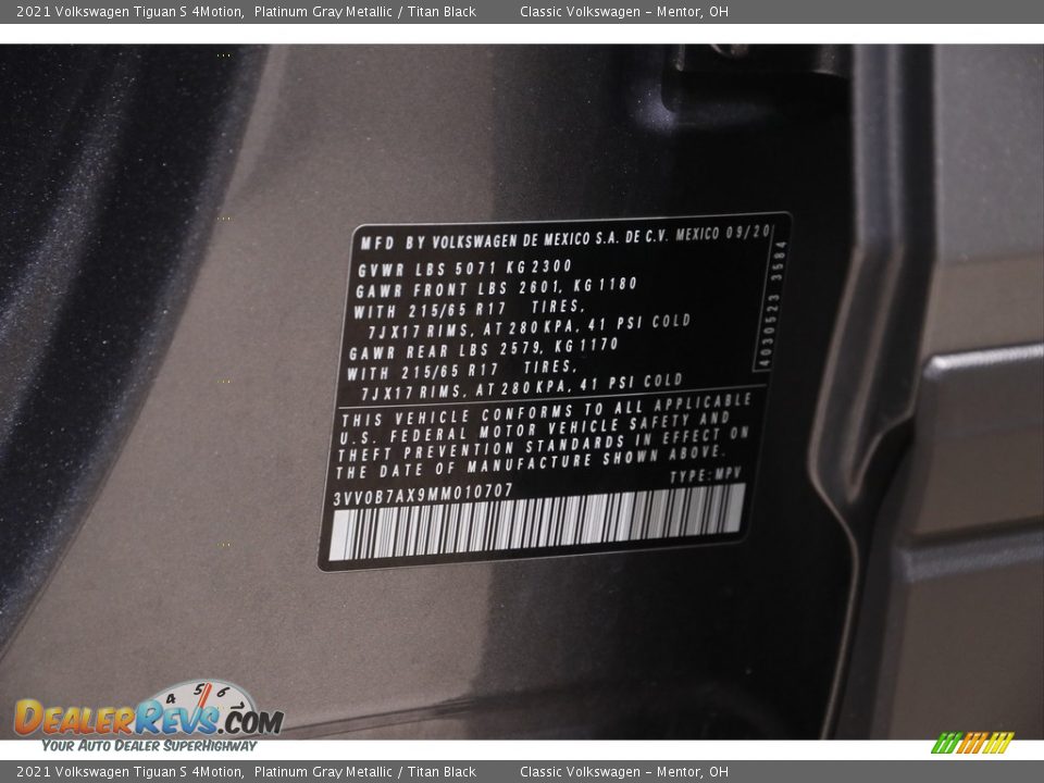 2021 Volkswagen Tiguan S 4Motion Platinum Gray Metallic / Titan Black Photo #19