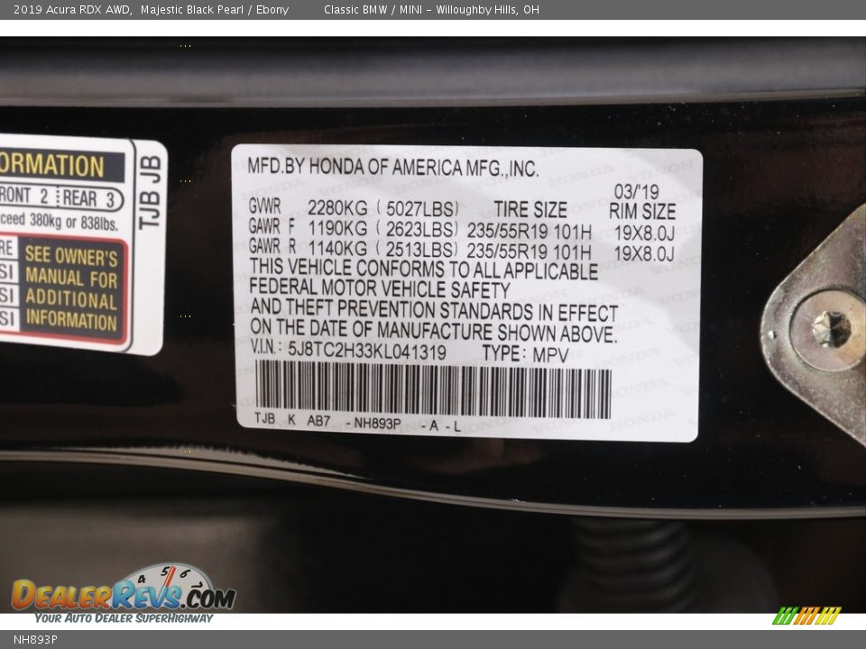 Acura Color Code NH893P Majestic Black Pearl